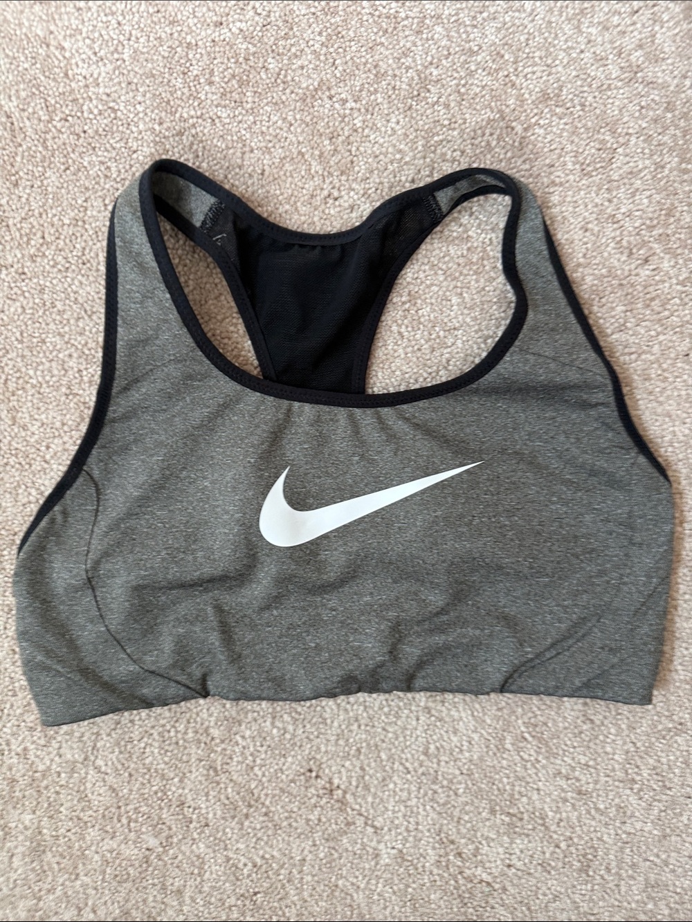 Nike Grey and Black Racerback Sports Bra with White Swoosh